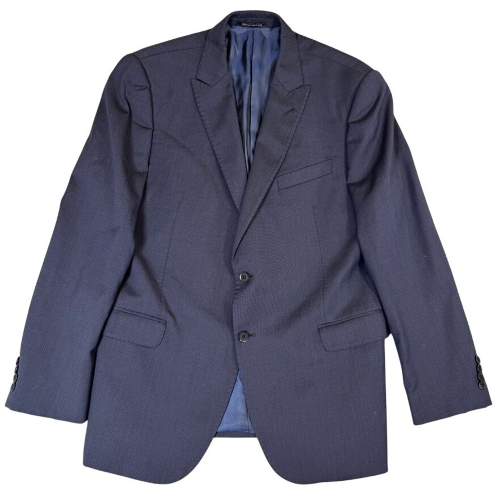 Emporio Armani Mens Navy Blue Wool Textured Two Button Peak Lapel Blazer 52